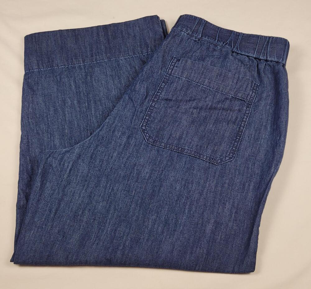 Talbots Pants Womens Large Blue Chambray Wide Leg Crop Elastic Waist Pockets